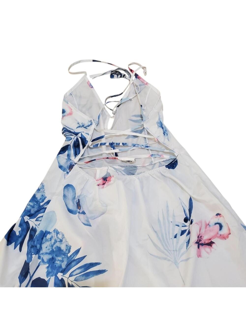White Floral Maxi Dress Spaghetti Strap Halter Neck Criss Cross Back Slit - Picture 6 of 8